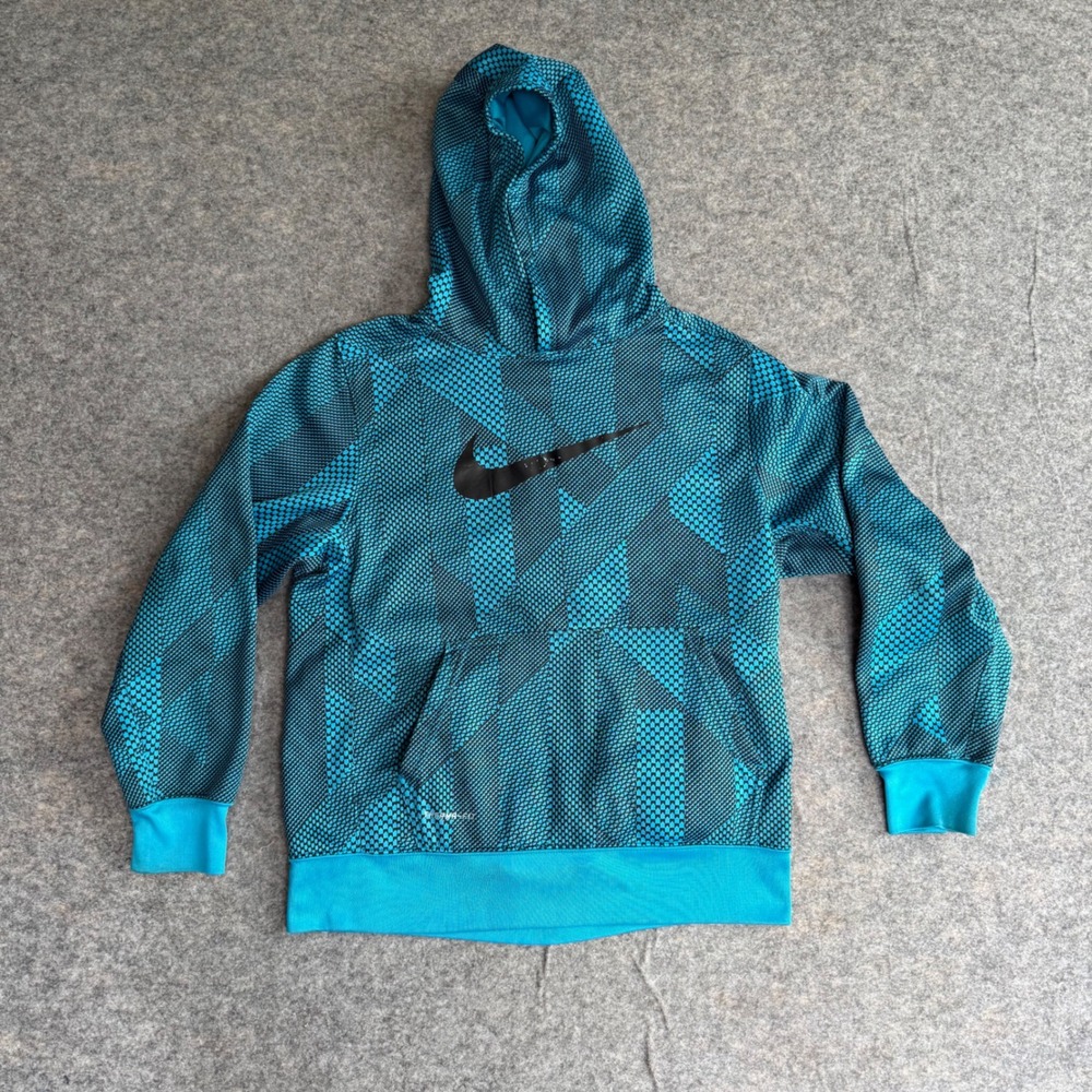 Nike Boys Therma-FIT Hoodie Teal Black Geometric Pullover L 839158-407